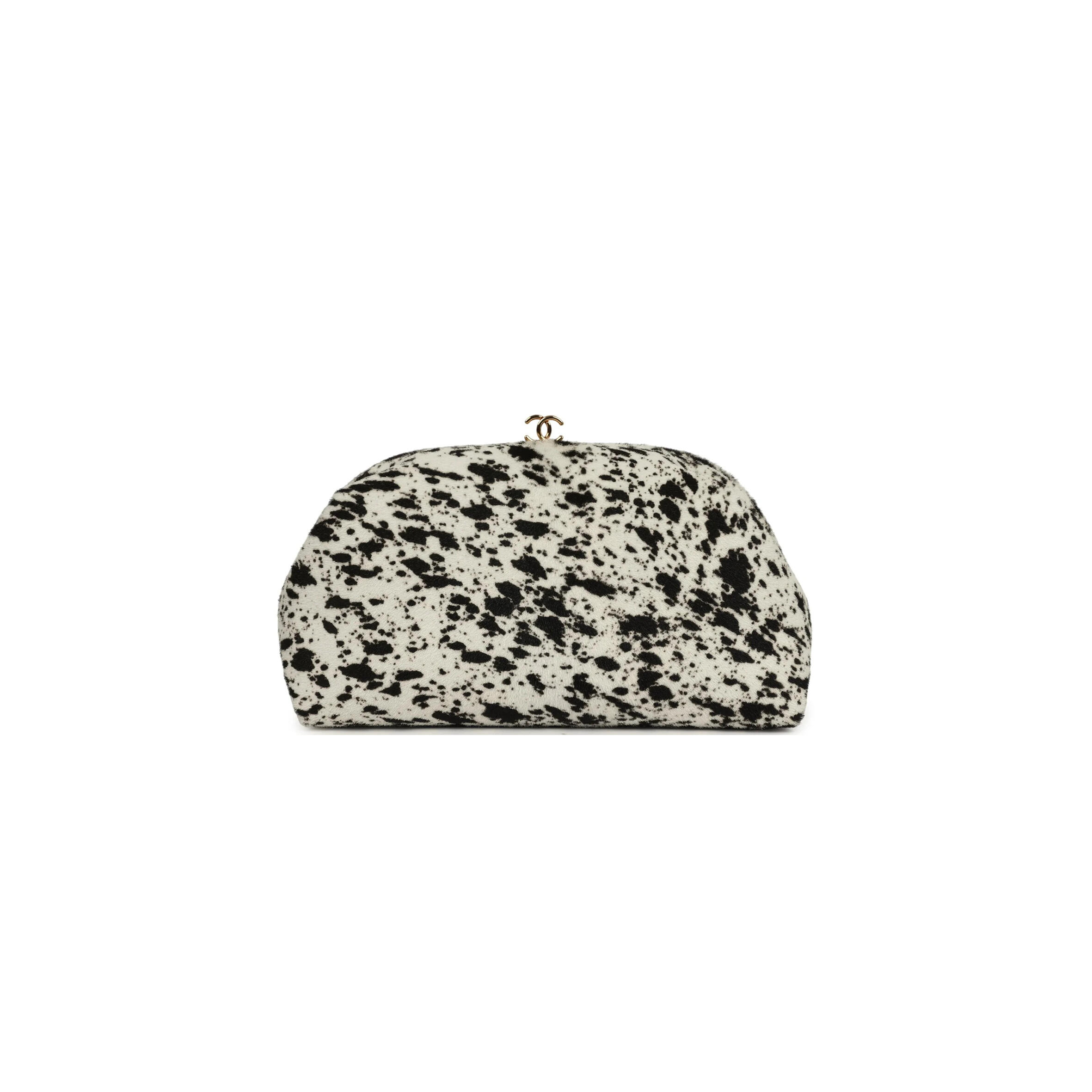 CHANEL DALMATIAN PRINT CLUTCH WITH CHAIN BLACK WHITE PONY HAIR GOLD HARDWARE (26*17*12cm)